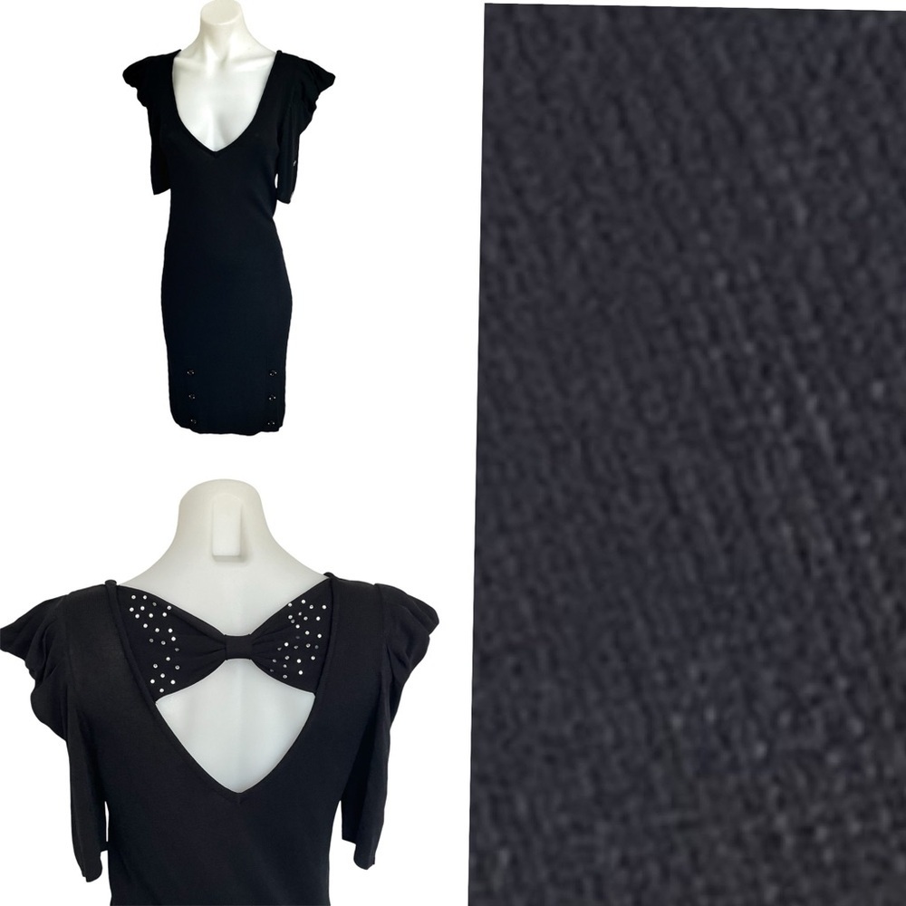 Women Puff Half Sleeve V Neck  Slim Fit Knit dress Sz S